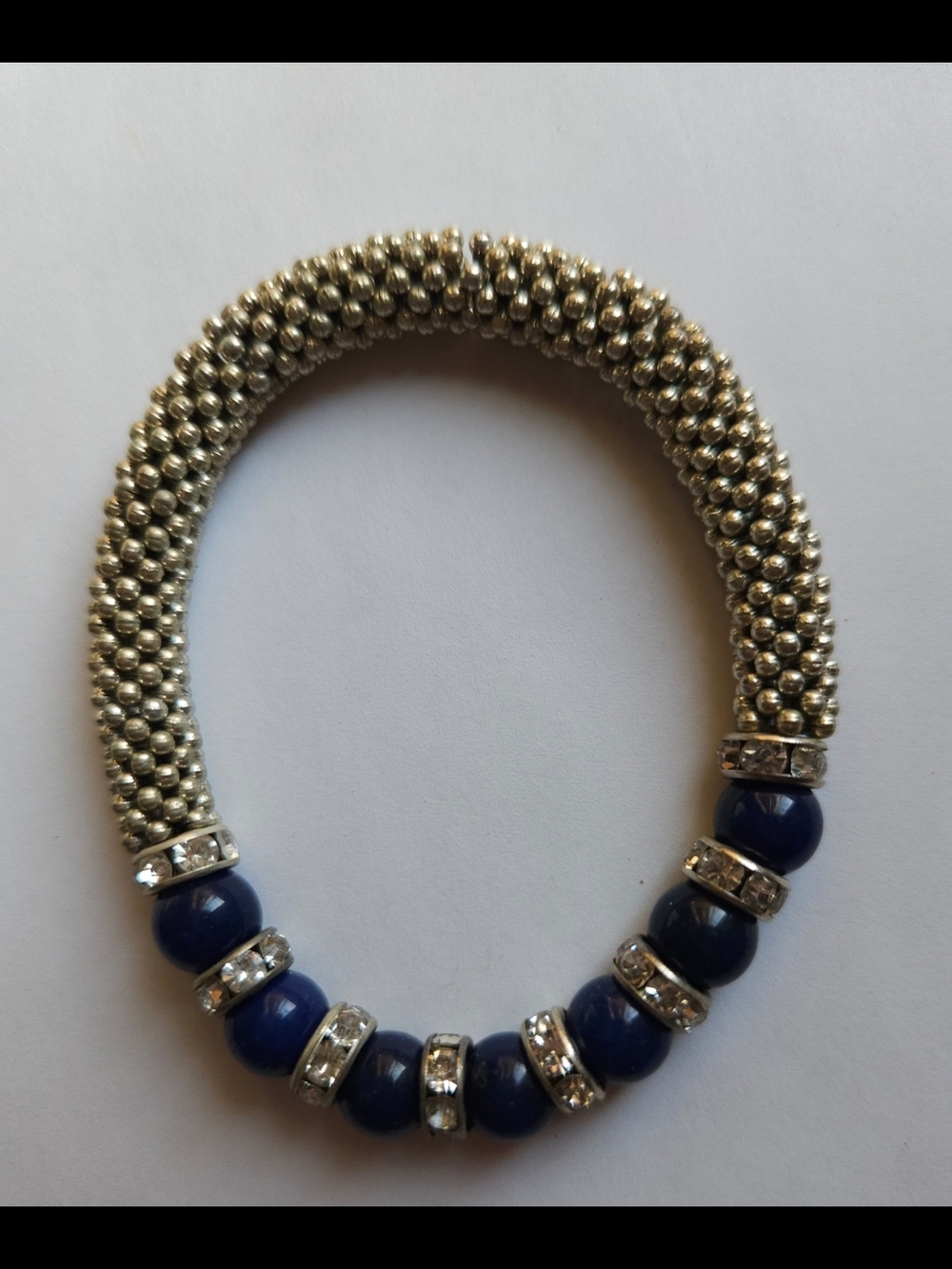 Vintage Cobalt Blue & Silver Silver Beaded Bracelet with Navy Blue Accent Beads